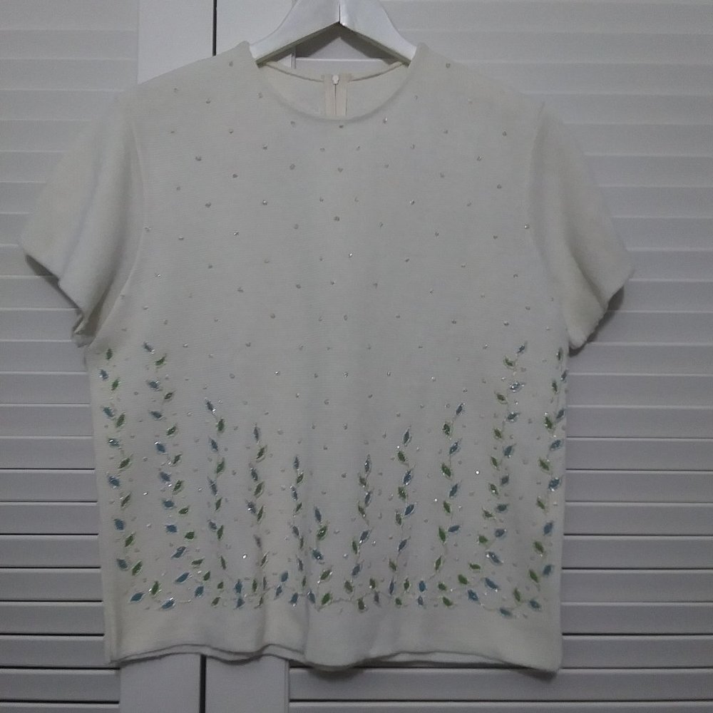 Roger Fashions‎ Vintage White Leaf Sequin Sweater